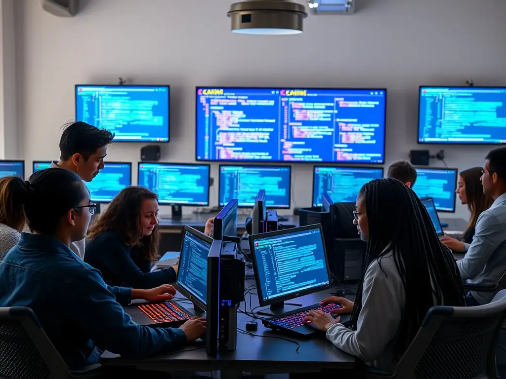 A group of students collaborating on a coding project in a vibrant, collaborative workspace. They are discussing code, sharing ideas, and learning from each other under the guidance of an instructor.