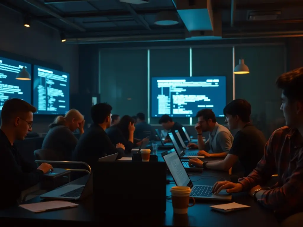 A split-screen image showing both an individual coding session and a group coding bootcamp in action, highlighting the contrast between personalized and collaborative learning environments.