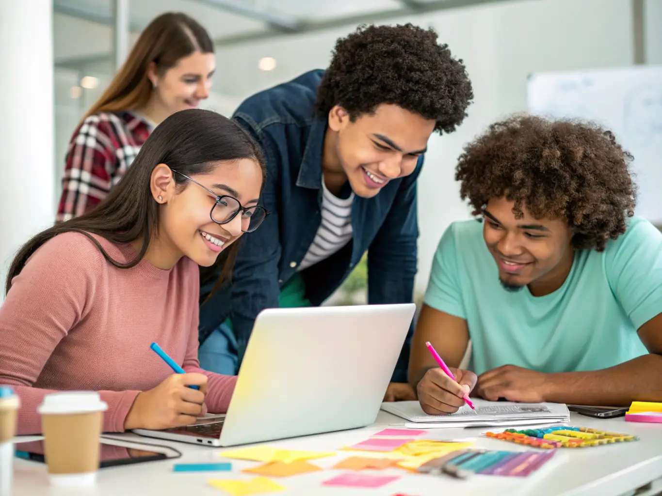 A diverse group of students working together on a coding project, with a focus on collaboration and problem-solving.