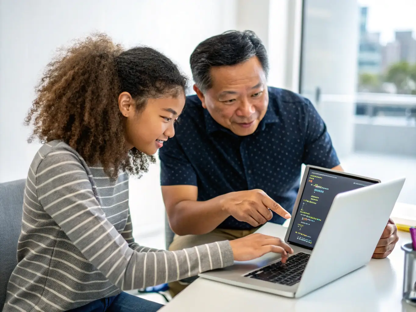 A focused individual working one-on-one with a coding coach, reviewing lines of code on a laptop in a modern, well-lit office setting. The coach is providing personalized guidance and feedback.